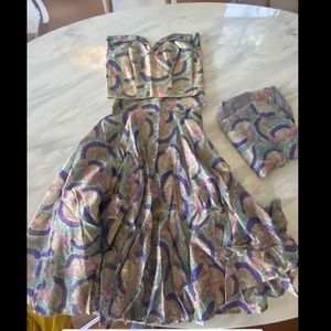 Gorgeous Print Silk Vintage 50’s 3 Piece Set Strapless Circle Skirt